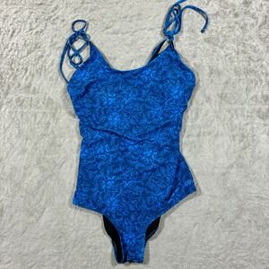 Albion One Piece Swimsuit Size L Natalie Blue Floral Tie Straps Modest